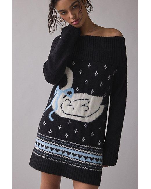 BDG Black Suzie Swan Femme Fair Isle Off-The-Shoulder Sweater Mini Dress