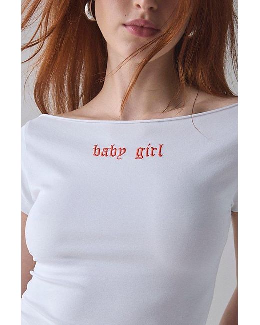 Urban Outfitters White Y2K Graphic Off-The-Shoulder Slim Tee