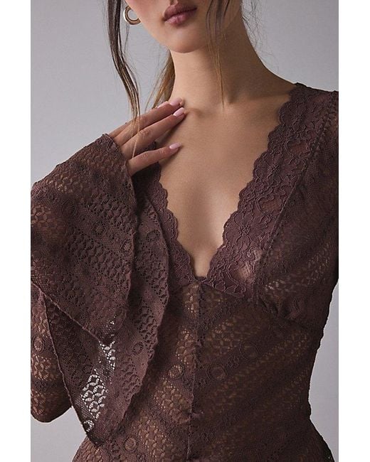 Kimchi Blue Brown Irene Sheer Lace Ruffle Bell Sleeve Top