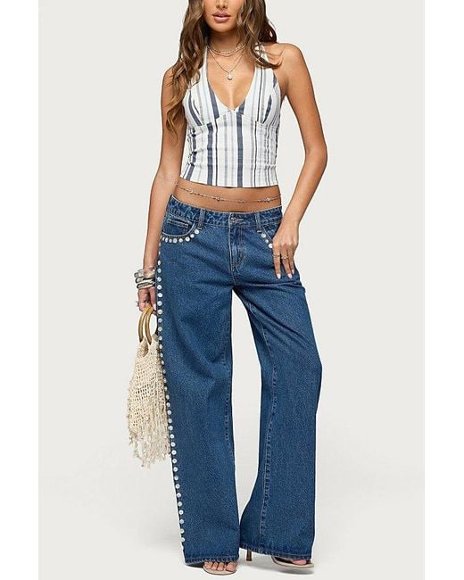 Edikted White Sofey Striped Denim Halter Top