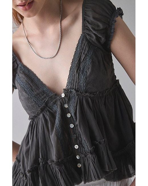 Kimchi Blue Gray Izzy Lace Trim Button-Front Babydoll Blouse