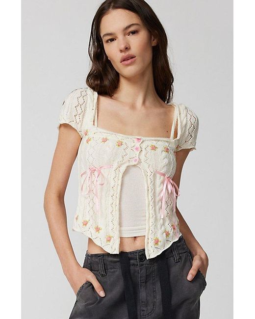 Urban Outfitters Natural Uo Kourtney Floral Embroidered Short Sleeve Cardigan