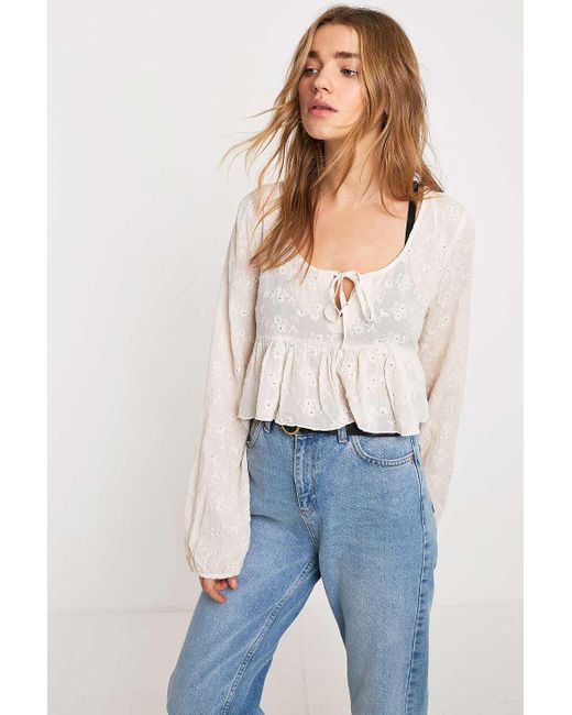 Urban Outfitters White Uo Florence Embroidered Ruffle Cropped Top