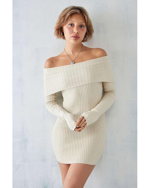 Urban Outfitters Natural Uo Tori Off-the-shoulder Knit Mini Dress