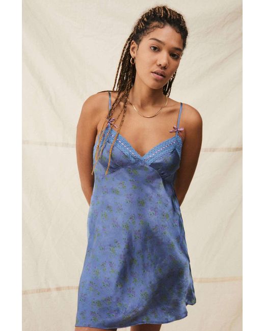 Urban Outfitters Blue Uo Nellie Satin Floral Print Slip Dress