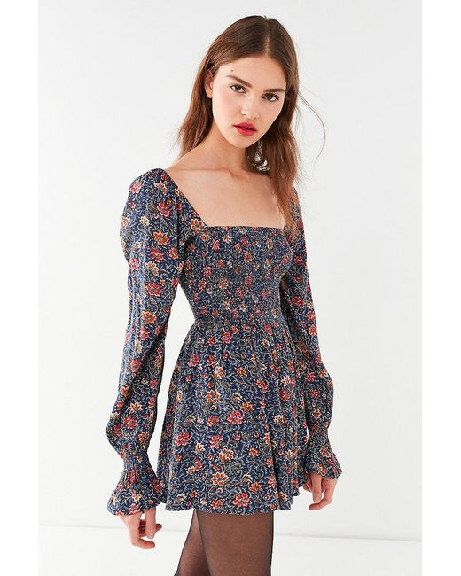 Urban Outfitters Blue Uo Brookside Floral Smocked Romper