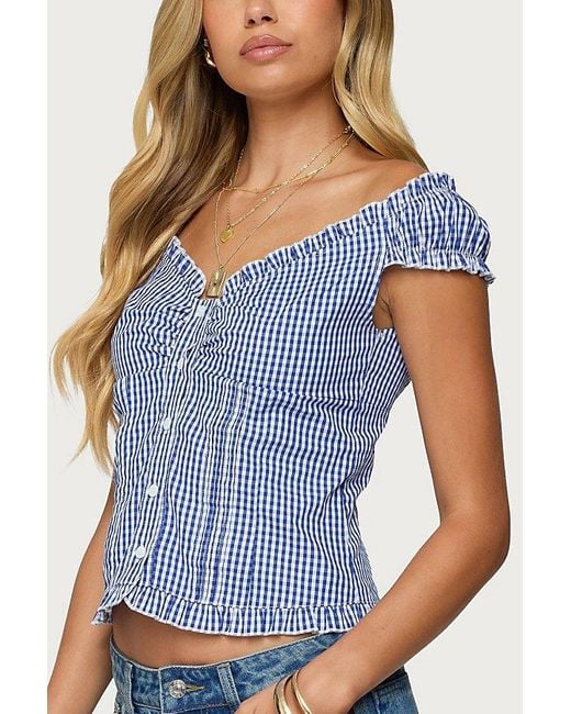 Edikted Blue Dorothie Gingham Button Up Top