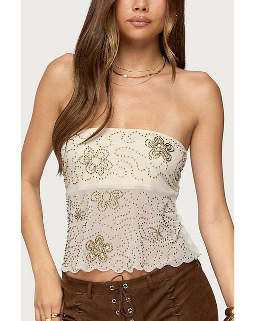 Edikted Natural Astra Beaded Sheer Strapless Top