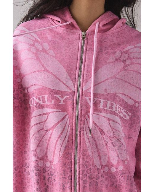 Urban Outfitters Pink Leopard Print Butterfly Graphic Oversized Zip-Up Hoodie Sweatshirt