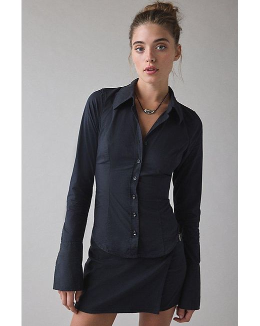 Urban Outfitters Black Uo Leilani Slim Button Up Shirt Top