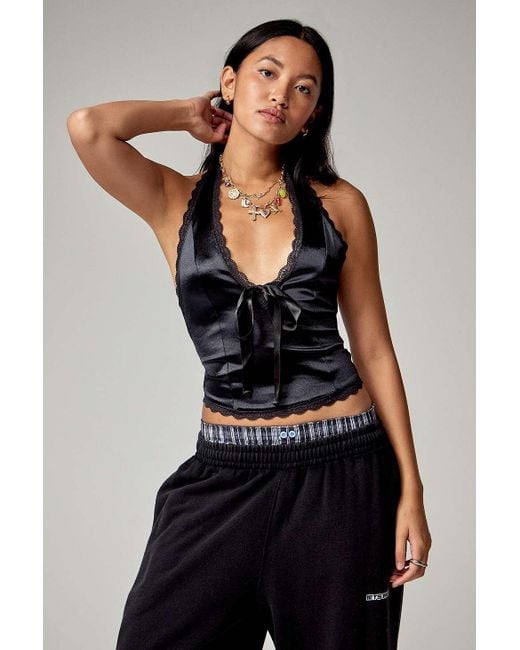 Kimchi Blue Black Uo Farrah Satin Lace-trim Halter Top