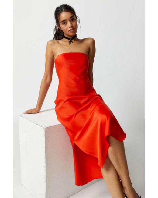 Urban Outfitters Red Uo Rina Satin Strapless Midi Dress In Orange,at