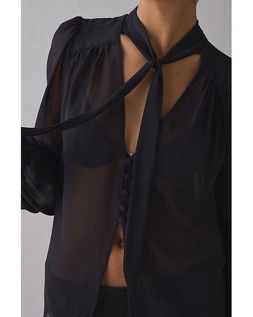 Urban Outfitters Black Uo Up All Night Sheer Tie-Front Bow Flyaway Blouse