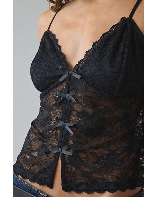 Kimchi Blue Black Mae Sheer Lace Split-Front Bow Detail Cami