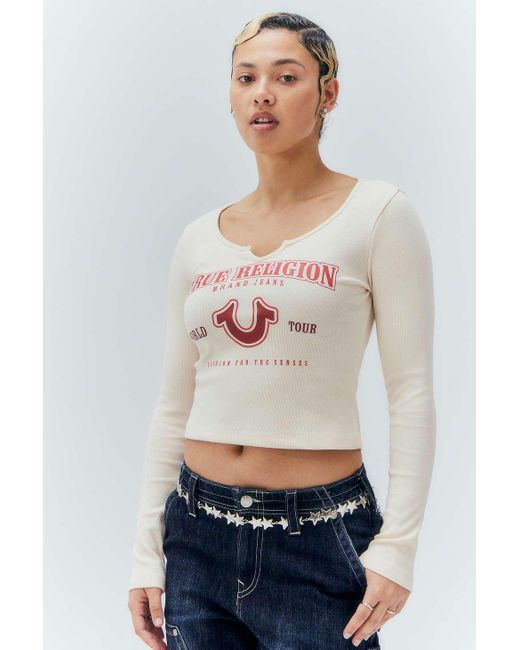 True Religion White Ecru Notched V-neck Long-sleeved T-shirt Top