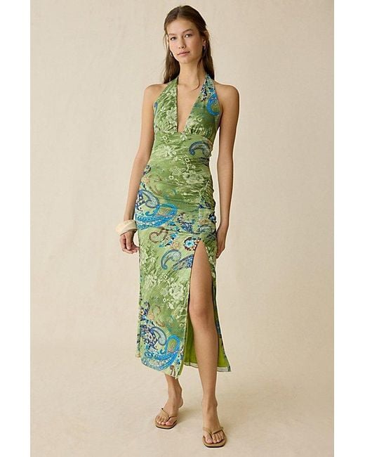 uo deep plunge halter ruched mesh midi dress Plunge Halter Ruched Mesh Midi Dress