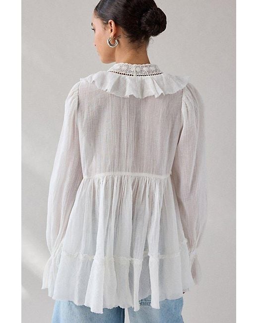 Kimchi Blue Gray Mona Lace Trim Ruffle Babydoll Tunic Blouse