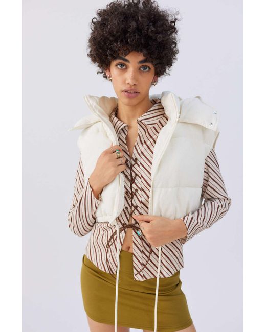 Urban Outfitters White Uo Linen Cropped Puffer Vest