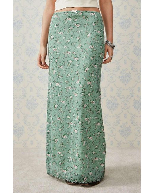 Urban Outfitters Green Uo Floral Print Mesh Maxi Skirt