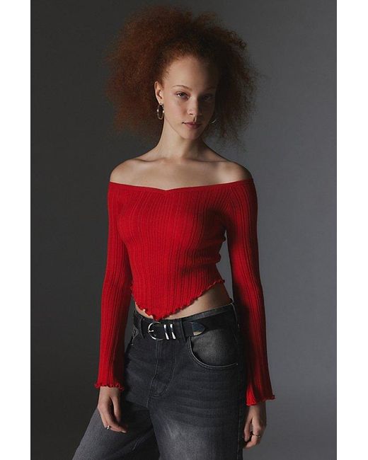 Silence + Noise Red Tatianna Off-The-Shoulder Ribbed Sweater