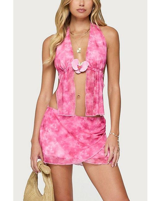 Edikted Pink Tiedye Mesh Split Front Backless Top