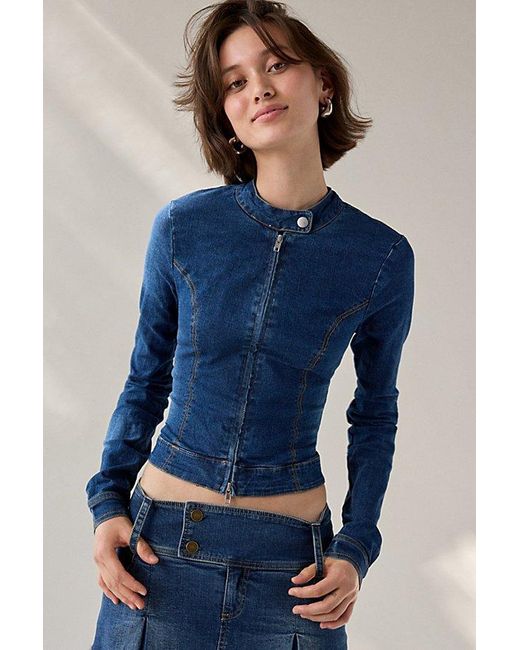 Urban Outfitters Blue Uo Sloane Slim Long Sleeve Zip-Front Moto Denim Top