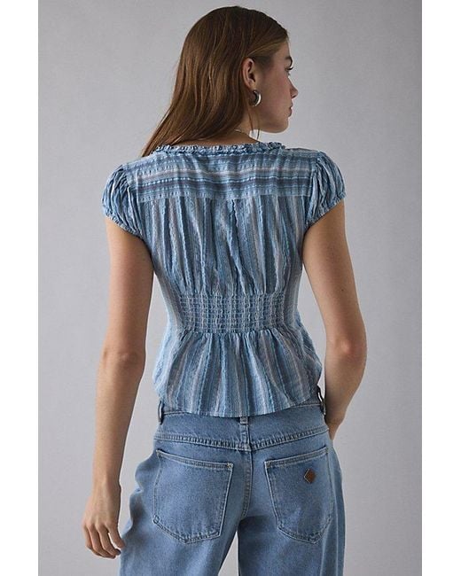 Kimchi Blue Blue Robyn Ruffle + Lace Trim Puff Sleeve Button-Up Blouse