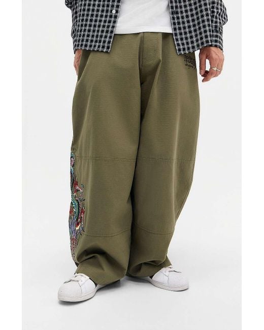 Ed Hardy Uo Exclusive Green Embroidered Ripstop Cargo Trousers for men