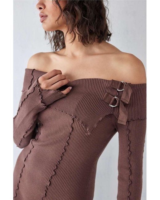 Urban Outfitters Brown Uo Emmie Knitted Off-the-shoulder Asymmetrical Midi Dress