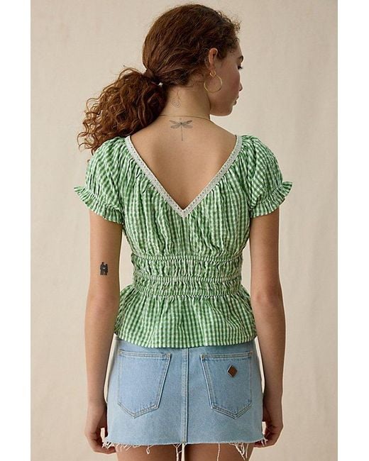 Kimchi Blue Green Jane Ruched Lace Trim Short Sleeve Blouse