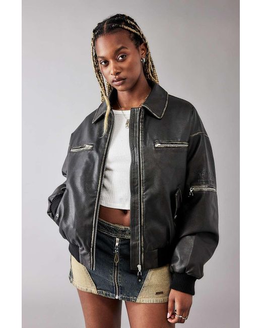 BDG Gray Perrie Faux Leather Bomber Jacket