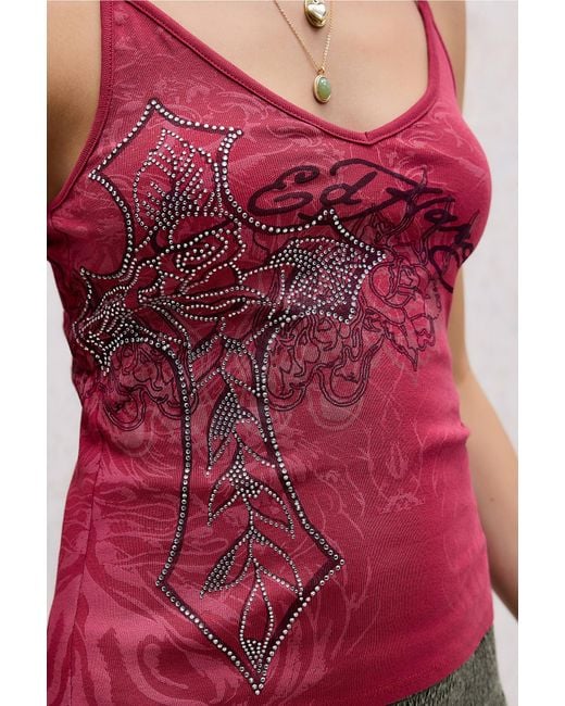 Ed Hardy Red Uo Exclusive Rose Cross Diamanté Cami