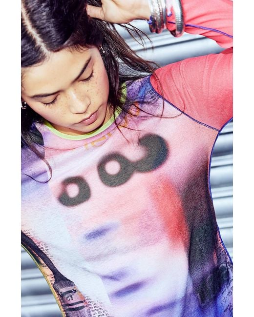 Urban Outfitters Pink Uo Katie Digi Print Long Sleeve Mesh Tee