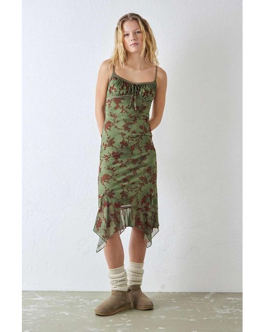 Urban Outfitters Green Uo Quartz Floral Mesh Asymmetric Midi Dress