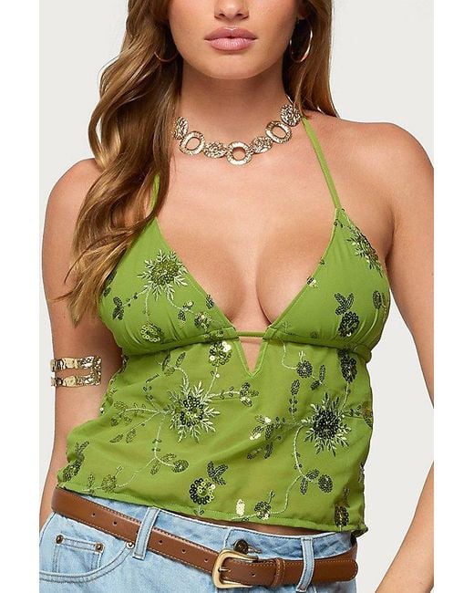 Edikted Green Kiki Sequin Floral Chiffon Halter Top