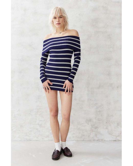 Urban Outfitters Blue Uo Tori Striped Off-the-shoulder Knit Mini Dress