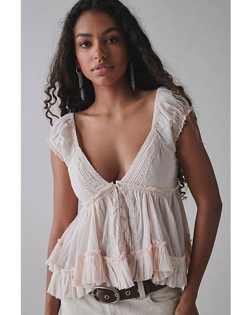 Kimchi Blue Izzy Lace Trim Button-Front Babydoll Blouse in Pink | Lyst