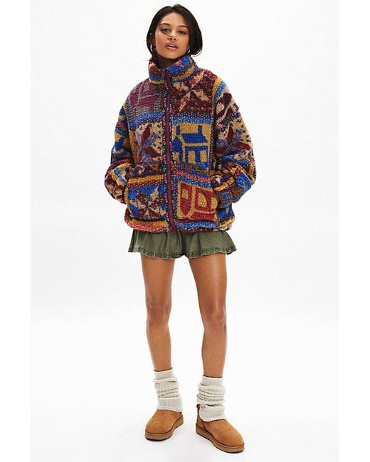 BDG Red Mae Printed Piled Fleece Zip-Up Jacket