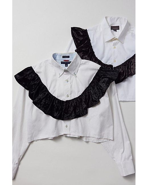 Urban Renewal Gray Remade Cropped Velvet Ruffle Button-Down Shirt