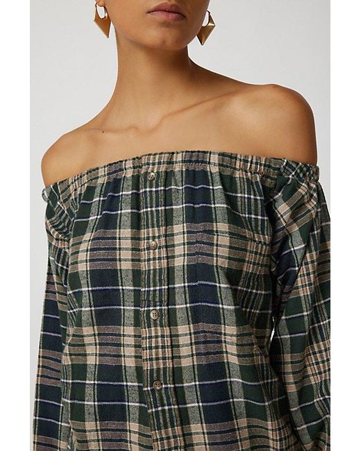 Urban Renewal Blue Remade Off-The-Shoulder Flannel Tunic