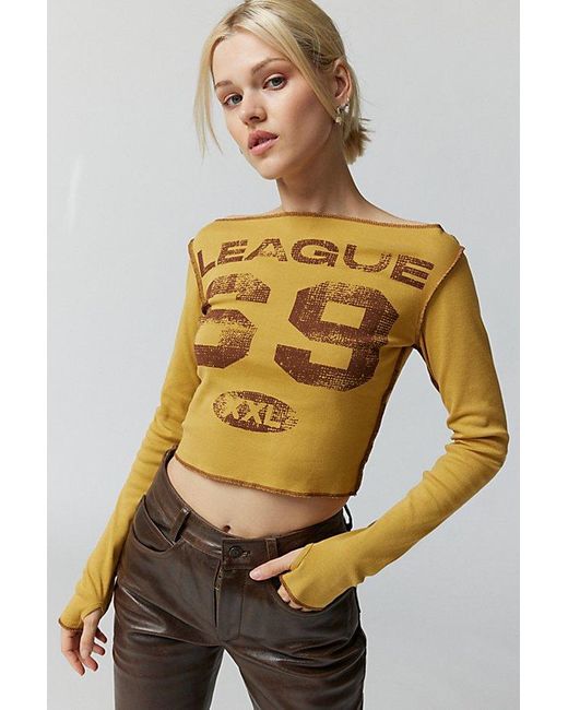 Urban Outfitters Yellow Varsity League Long Sleeve Boat Neck Baby Tee