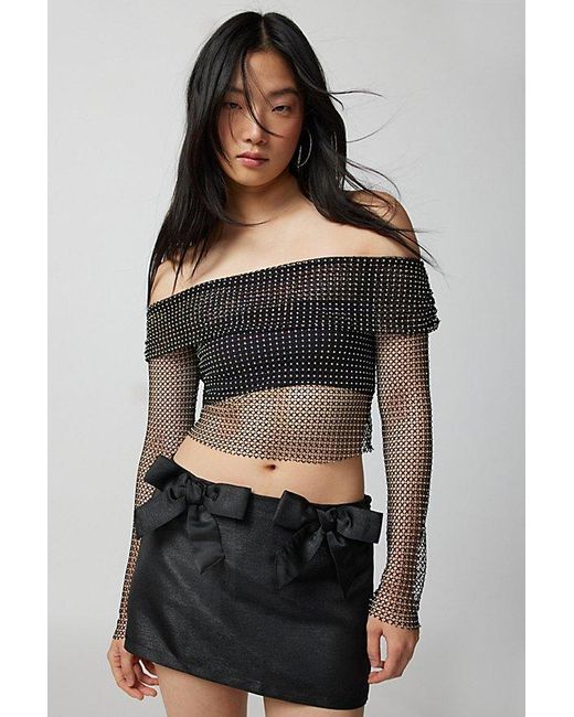 Urban Outfitters Black Uo Diana Diamante Fishnet Off-The-Shoulder Top