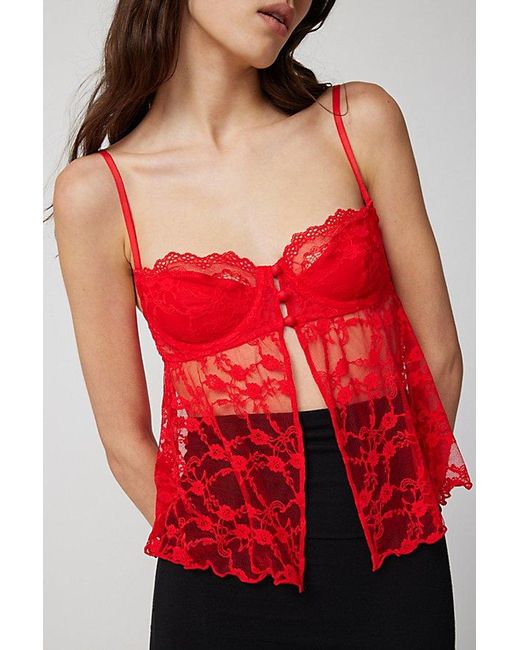 Out From Under Red Cherie Sheer Lace Cropped Babydoll Cami