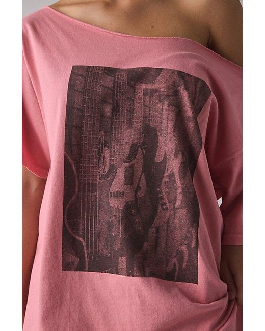 Urban Outfitters Pink Guitar Photo Graphic Oversized Off-The-Shoulder Tee