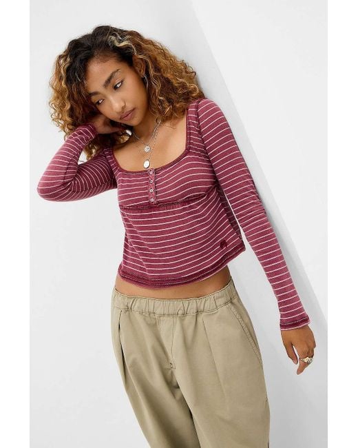 BDG Red Brittney Stripe Long Sleeve Blouse Xl At Urban Outfitters