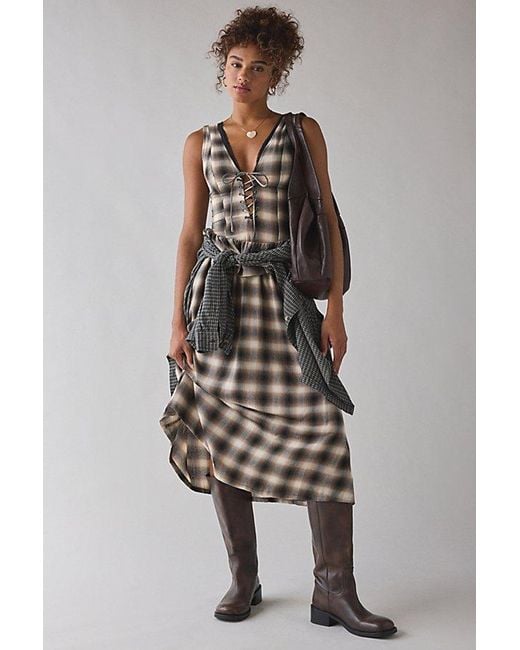 Urban Outfitters Multicolor Uo Perfectly Plaid Lace-Up Ruffle Midi Dress