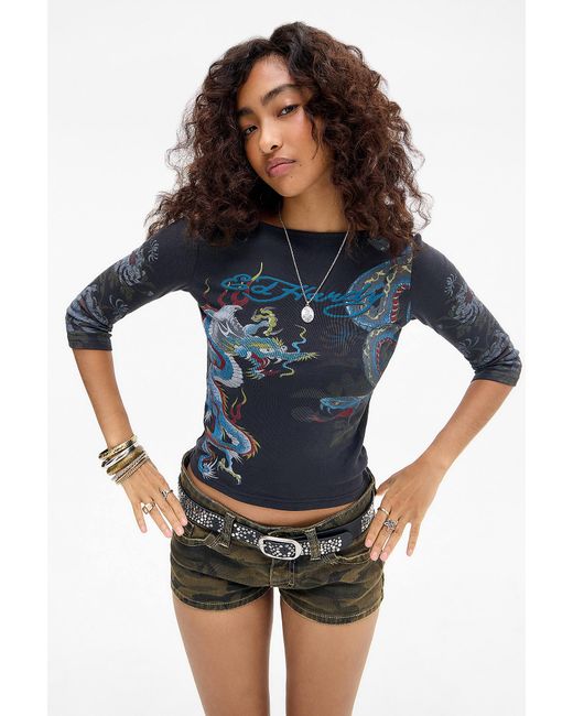 Ed Hardy Blue Uo Exclusive Dragon & Snake Print Top