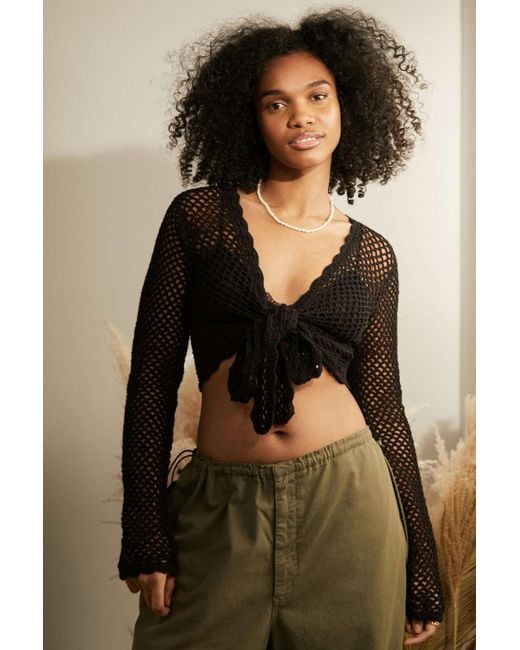 Urban Outfitters Brown Uo Tie-front Crochet Sweater