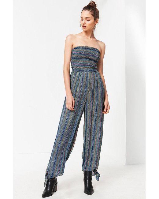 Urban Outfitters Blue Uo Strapless Smocked Jumpsuit