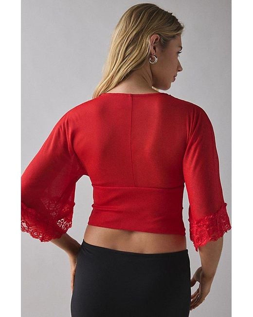 Kimchi Blue Red Verde Plunging Lace Trim Bell Sleeve Top